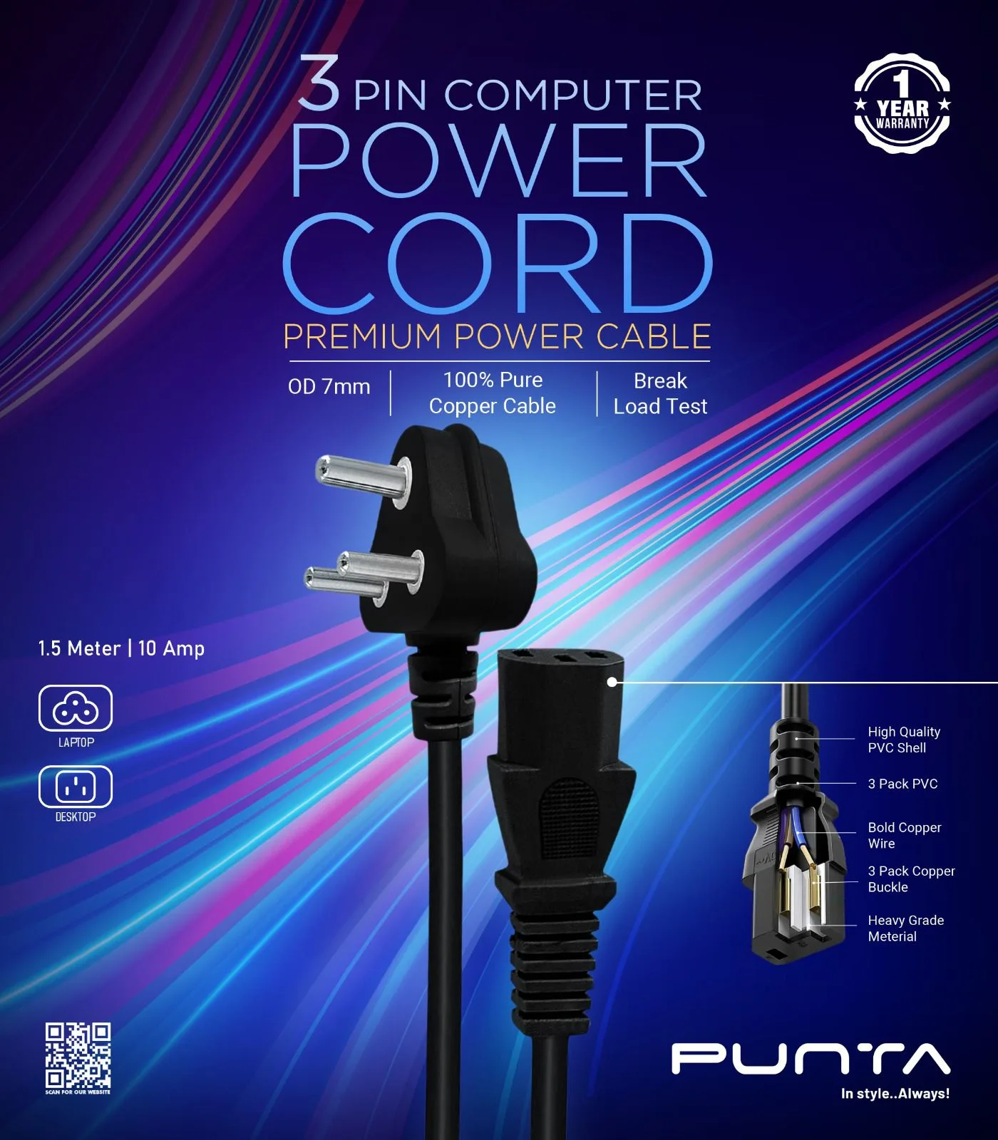 Punta 3 Pin Computer Power Cable